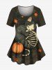 Skeleton Cat Pumpkin Leaf Print Halloween Women T-shirt and Flare Pants Plus Size Matching Set -  