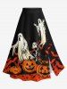 Solid Cinched Top and Pumpkin Ghost Bat Tree Print Halloween Split A Line Skirt Plus Size Matching Set -  