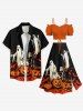 Halloween Pumpkin Ghost Bat Tree Print Plus Size Matching Outfit For Couples -  