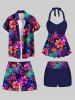 Plus Size Ombre Flower Mermaid Scale Print Hawaii Drawstring Pocket Beach Shorts For Men -  