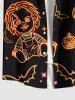 Plus Size Glitter Neon Pumpkin Bat Doll Star Galaxy Print Halloween Button Pocket Shirt For Men -  