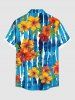 Plus Size Tropical Leaf Hibiscus Flower Watercolor Striped Print Hawaii Button Pocket Shirt For Men -  