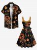 Robe trapèze boutonnée d'Halloween à imprimé citrouille, chauve-souris, étoile et galaxie, grande taille, avec ceinture amovible - Noir XS