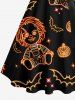 Plus Size Glitter Neon Pumpkin Bat Doll Star Galaxy Print Halloween Button A Line Dress with Removable Belt -  