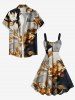 Plus Size Flower Leaf Colorblock Print Hawaii A Line Tank Dress -  