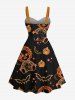 Robe trapèze boutonnée d'Halloween à imprimé citrouille, chauve-souris, étoile et galaxie, grande taille, avec ceinture amovible - Noir 2X