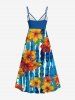 Plus Size Tropical Leaf Hibiscus Flower Watercolor Striped Print Hawaii Surplice A Line Cami Dress -  