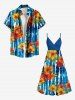 Plus Size Tropical Leaf Hibiscus Flower Watercolor Striped Print Hawaii Surplice A Line Cami Dress -  