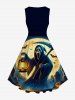 Plus Size Halloween Moon Ghost Bat Print 1950s Vintage Dress -  