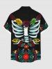 Plus Size Halloween Skeleton Flowers Leaf Print Buttons Pocket Shirt For Men -  