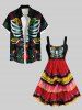 Plus Size Halloween Skeleton Flowers Leaf Print Buttons Pocket Shirt For Men -  