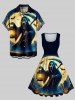 Plus Size Halloween Moon Ghost Bat Print Buttons Pocket Shirt For Men -  