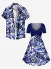 Robe hawaïenne cintrée grande taille à imprimé feuilles tropicales et fleurs d'hibiscus - Bleu Marine XXS