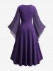 Plus Size Grommets Lace Up Mesh Flare Sleeves Cowl Neck Layered Dress -  