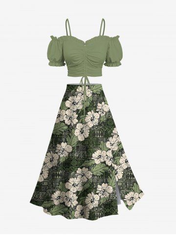 Hibiscus Flowers Leaf Scarf Print Hawaii Plus Size Matching Set - GREEN