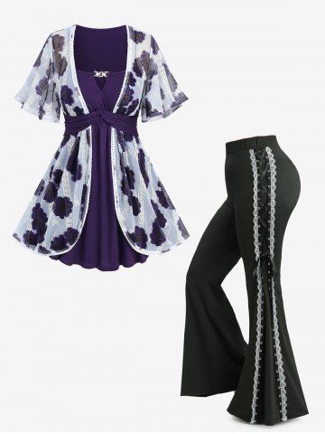 Tie Dye Floral Printed Mesh Jacquard Embroidered Top and Lace Up Two Tone Flare Pants Plus Size Outfit - PURPLE