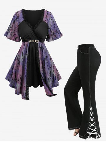 Tie Dye Ombre Jacquard Surplice Belted Top and Split Lace Up Pocket Flare Pants Plus Size Outfit - PURPLE