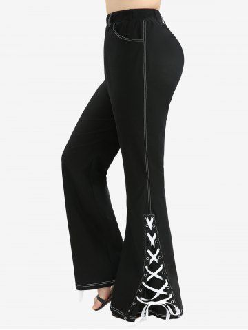 Tie Dye Ombre Jacquard Surplice Belted Top and Split Lace Up Pocket Flare Pants Plus Size Outfit