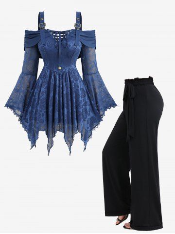 Rose Mesh Lace Up Flare Sleeves Cold Shoulder Top and Ruffles Wide Leg Pants Plus Size Outfit - BLUE