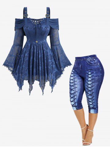 Rose Mesh Lace Up Asymmetrical Flare Sleeves Cold Shoulder Top and 3D Jean Printed Capri Leggings Plus Size Outfit - BLUE