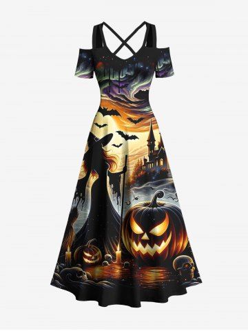 Plus Size Halloween Pumpkin Bat Wizard Skulls Candles Print Cold Shoulder Crisscross Maxi Dress - BLACK - XXS