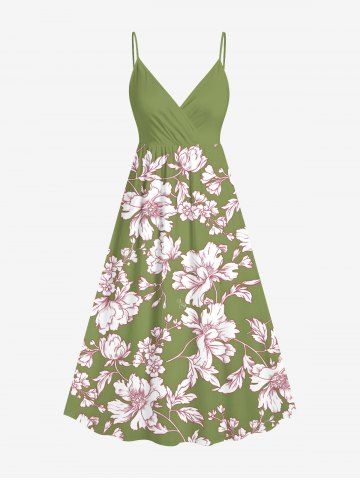 Plus Size Flowers Leaf Print Surplice Hawaii Cami Dress - GREEN - 2X