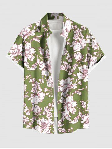 Plus Size Flowers Leaf Print Buttons Pocket Hawaii Shirt For Men - GREEN - L