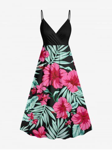 Plus Size Hibiscus Flowers Tropical Leaf Print Surplice Hawaii Cami Dress - LIGHT PINK - XS