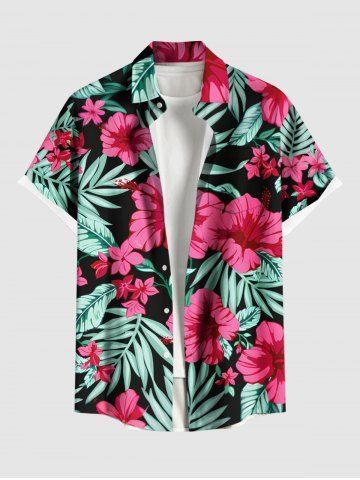 Plus Size Hibiscus Flowers Tropical Leaf Print Buttons Pocket Hawaii Shirt For Men - BLACK - M