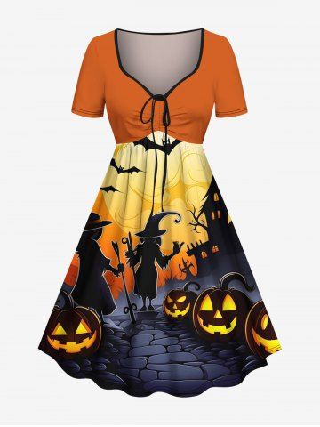 Plus Size Halloween Moon Pumpkin Bat Print Cinched Dress - ORANGE - XXS