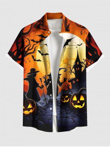 Plus Size Halloween Moon Pumpkin Bat Print Buttons Pocket Shirt For Men - ORANGE - XL