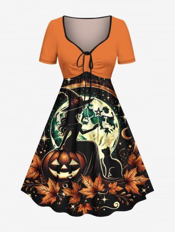 Plus Size Halloween Pumpkin Wizard Cat Maple Leaf Moon Print Cinched Dress - ORANGE - XXS