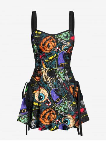 Pumpkin Wizard Eye Print Halloween Lace Up A Line Tank Dress - BLACK - L