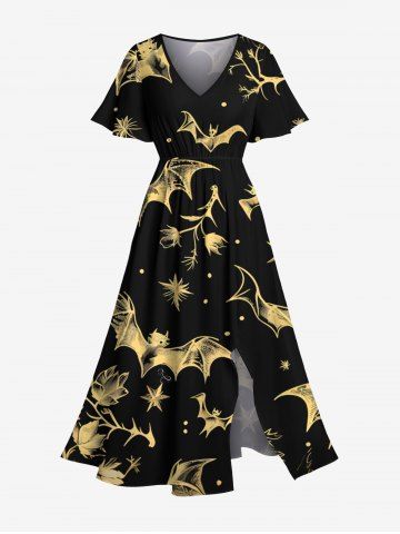 Plus Size Bat Branch Galaxy Print Halloween Split Pocket A Line Midi Dress - BLACK - XXS