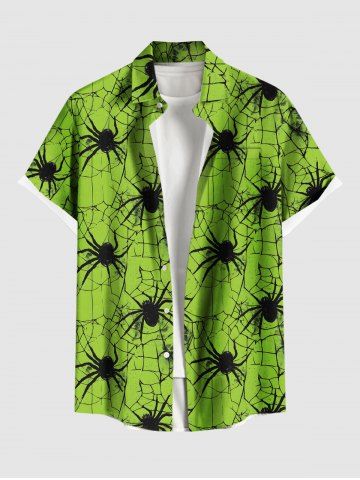 Plus Size Spider Web Insect Print Halloween Button Pocket Shirt For Men - GREEN - 6XL