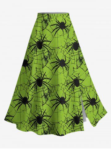 Plus Size Spider Web Insect Print Halloween Split A Line Skirt - GREEN - XS