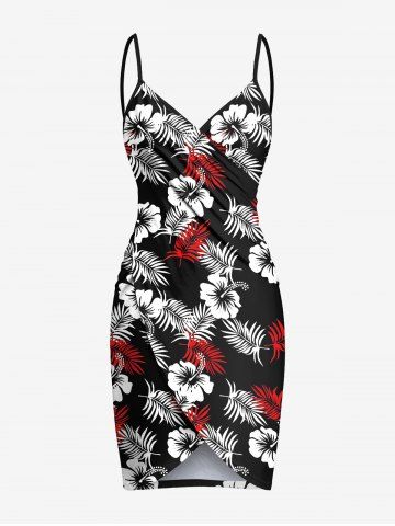 Plus Size Tropical Leaf Hibiscus Flower Print Hawaii Convertible Beach Cover Up - BLACK - XXS