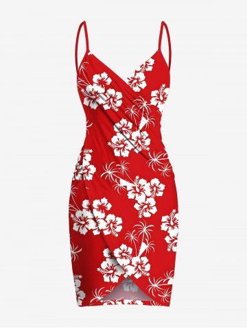 Plus Size Coconut Tree Hibiscus Flower Print Hawaii Convertible Beach Cover Up - RED - XS