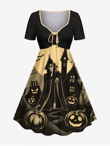 Plus Size Pumpkin Skull Castle Bat Tree Moon Print Halloween Cinched A Line Dress - BLACK - XXS