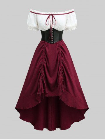 Plus Size Tie Ruffles Ruched Off The Shoulder Cinched High Low Dress With Corset Belt - RED - 3X | US 22-24