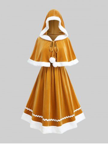Plus Size Christmas Gingerbread Ruched Wave Line Trim Cami Dress With Fleece Trim Hooded Cape Cloak - DEEP YELLOW - 1X | US 14-16