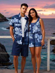 Matching Hawaii Shirt and Romper Plus Size Beach Outfit Coconut Tree Hibiscus Flowers Leaf Printed for Couples -  