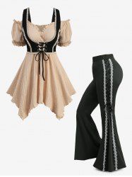 Textured Ruffles Crochet 2 in 1 Corset Top and Lace Up Two Tone Flare Pants Plus Size Outfit -  