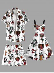 Skull Flower Heart Snake Cherry Print Plus Size Matching Outfit For Couples -  