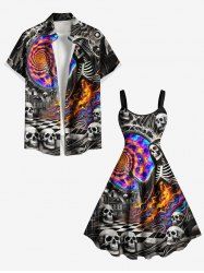 Tenue d'Halloween à imprimé crâne, squelette, damier, spirale, galaxie, feu, flamme, grande taille, assortie pour les couples - Noir 