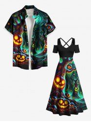 Tenue assortie grande taille pour couple, motif citrouille, lanterne, arbre, grotte, imprimé - Noir 