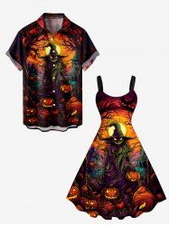 Halloween Pumpkin Lantern Moon Tree Print Plus Size Matching Outfit For Couples -  