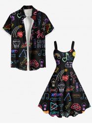 Skull Heart Star Rainbow Flamingo Print Plus Size Matching Hawaii Beach Outfit For Couples -  