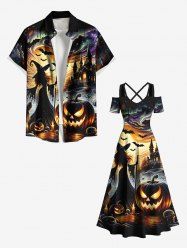 Tenue d'Halloween grande taille assortie pour couples, motif citrouille, chauve-souris, sorcier, crânes, bougies - Noir 