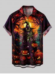 Plus Size Halloween Pumpkin Lantern Moon Tree Print Buttons Pocket Shirt For Men -  
